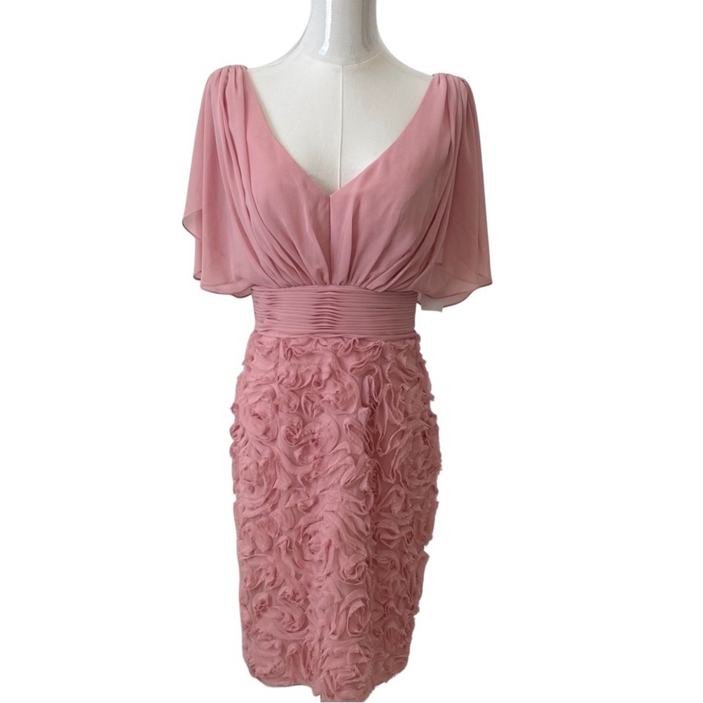 JS Collections Rosette Midi Cocktail Dress With Chiffon Flutter Sleeves Size 4